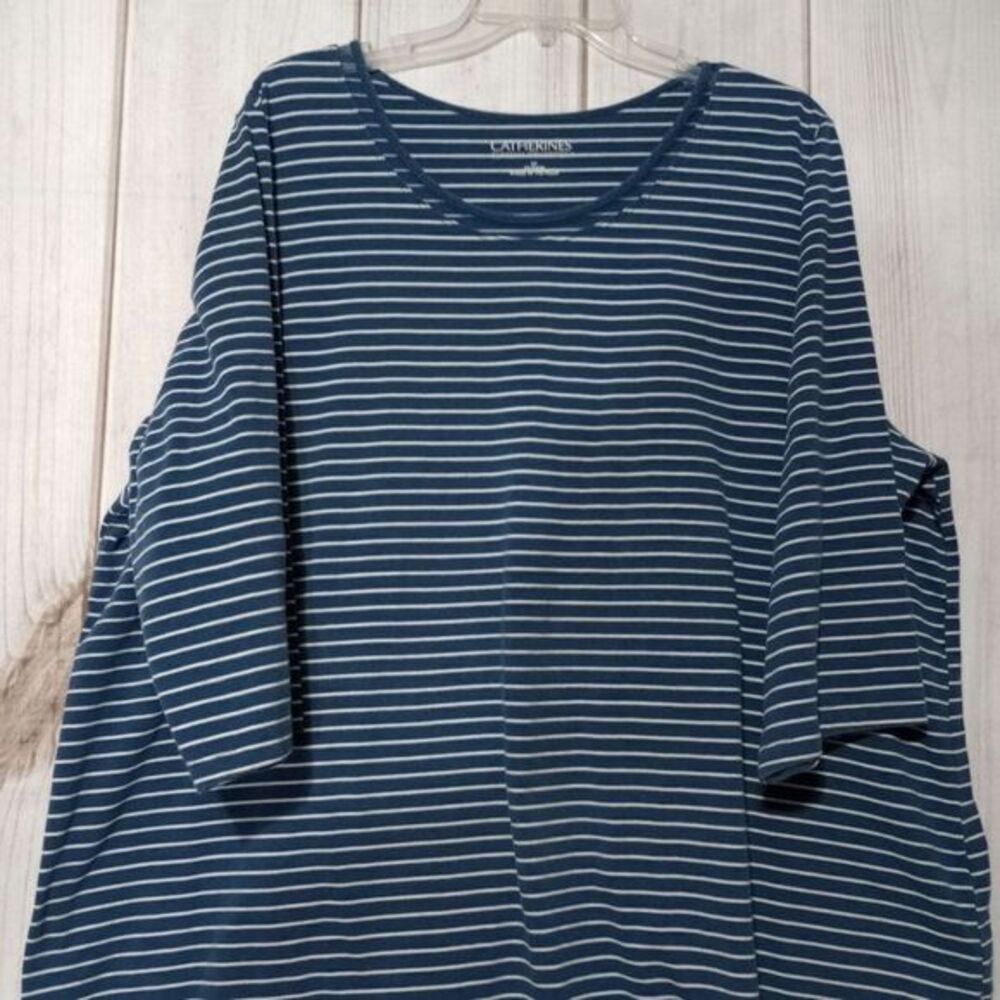 Catherines Suprema Collection Blue White Striped 3/4 Sleeve Top Plus Size 2X